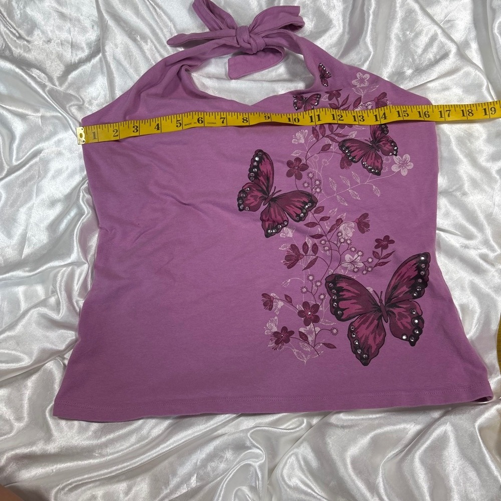 y2k Halter Top Purple Excellent Bongo Butterfly Rhinestone Graphic Tank Large - Picture 4 of 5